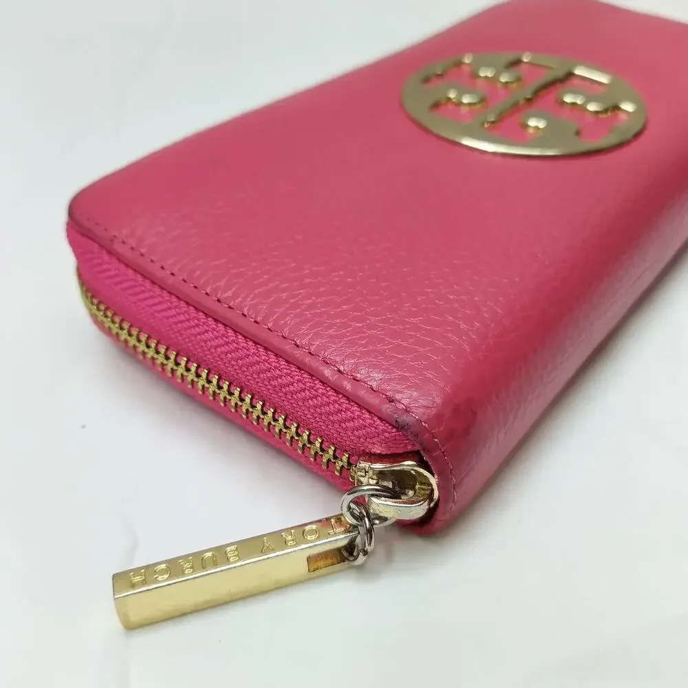 Tory Burch Pink Pebbled Leather Zip Around Credit Card Wallet